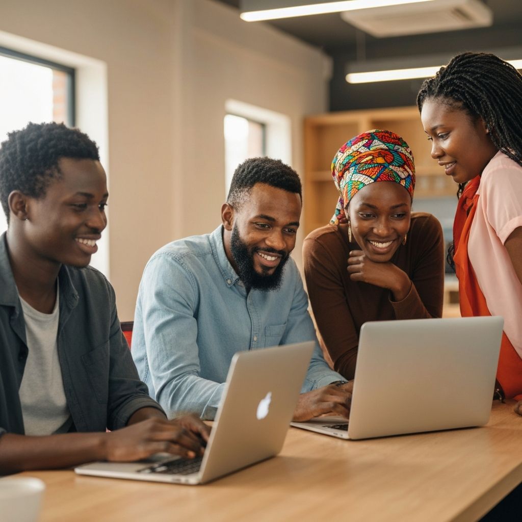 Diverse young Kenyans collaborating on laptops in a modern tech hub